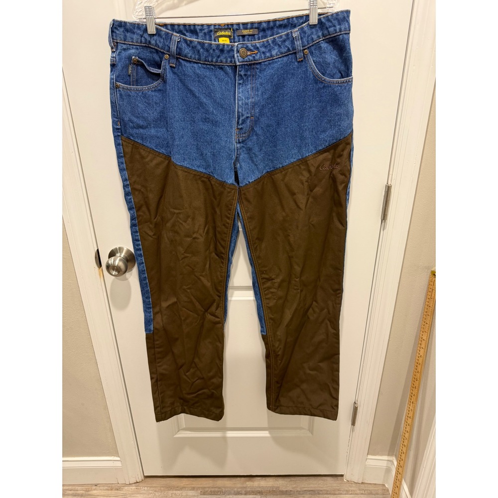 Cabela's Mens Upland Hunting Jeans Nylon Brush Guard Blue Brown 38x32